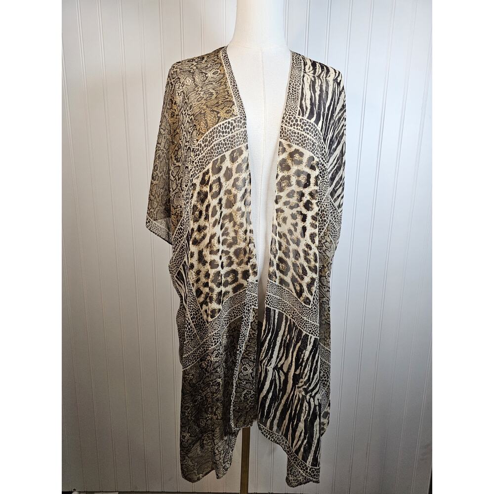 Jessica McClintock Kimono Leopard Rhinestones Sheer Cardigan Boho Cover Up OS